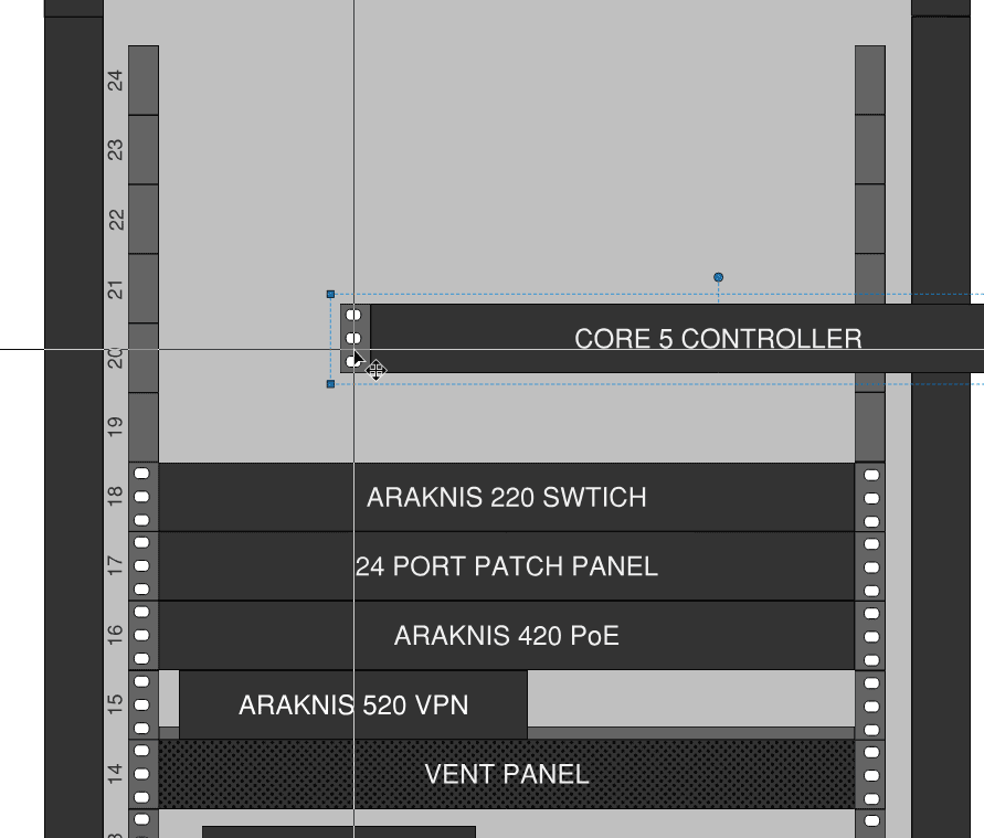 Dragging a Core 5 controller into a rack elevation in Bluebeam Revu, showing how easily the layout reorganises